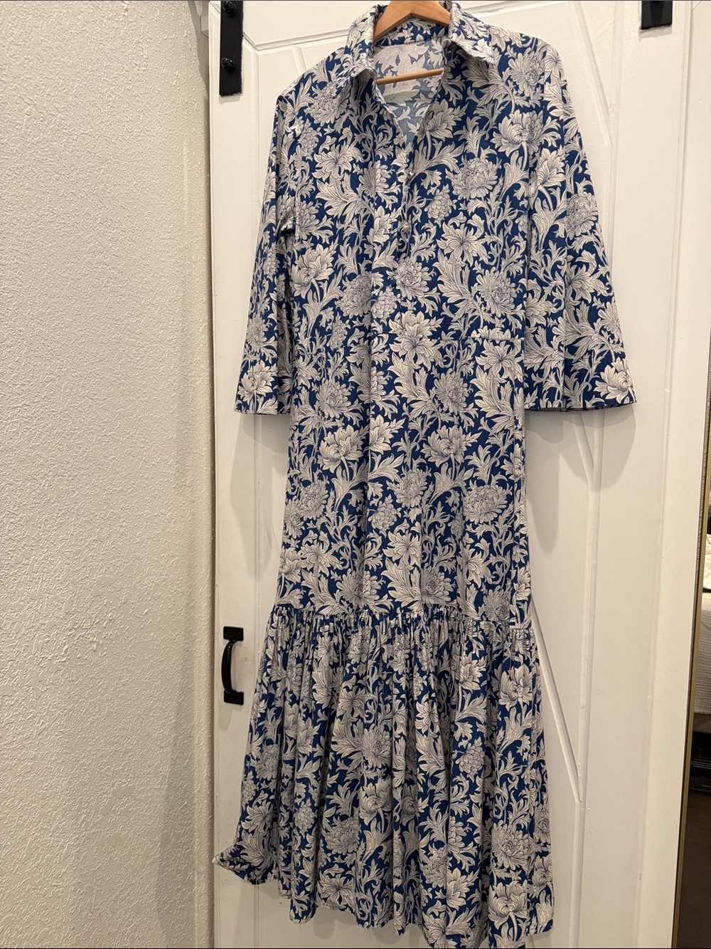 Custom 100% cotton Blue and White Floral Tiered Shirt Dress